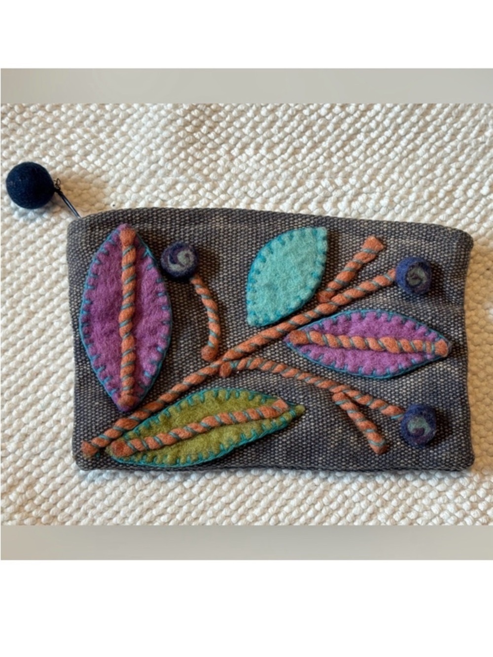 Rising Tide Felted Wool Clutch Pouch Floral Appliqué Handmade Nepal